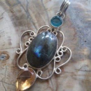 Labradorite, Topaz, Citrine, Handmade Gemstone Jewelry Pendant Size 2.50"